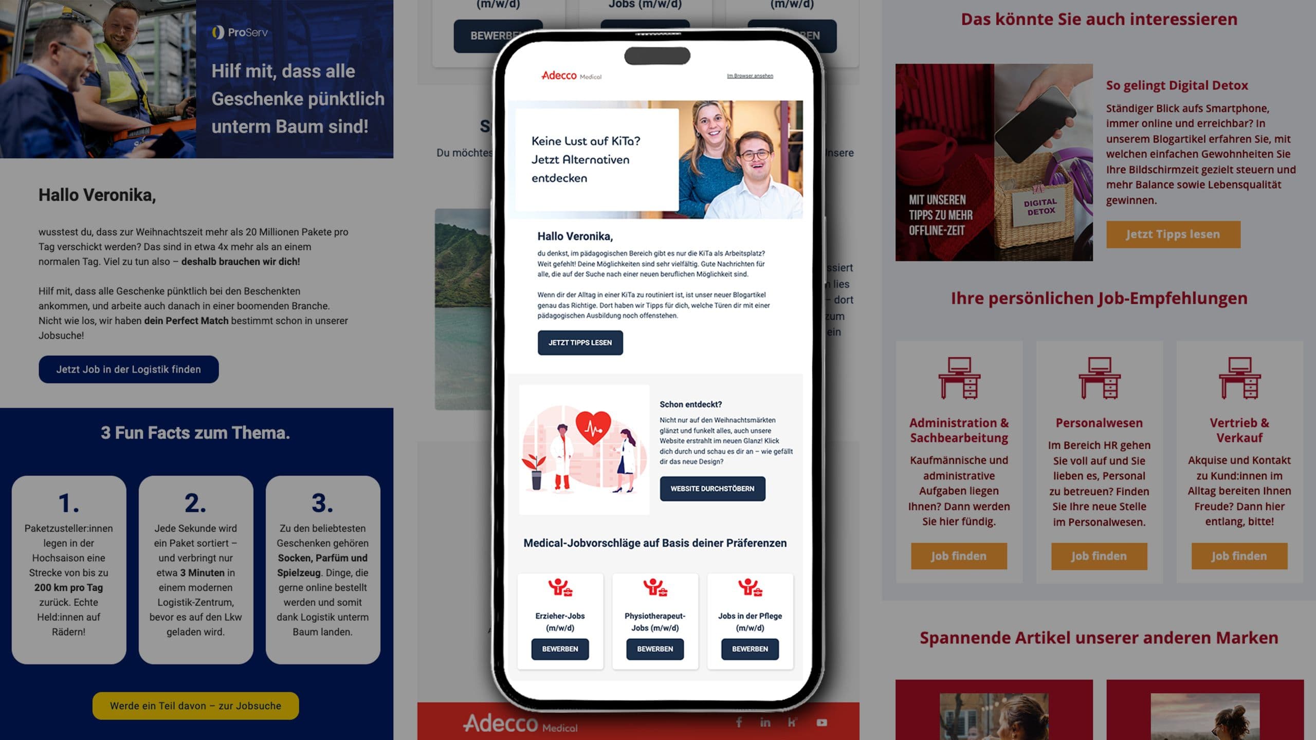 Screenshots von den Newslettern der drei Marken Adecco, ProServ und DIS AG