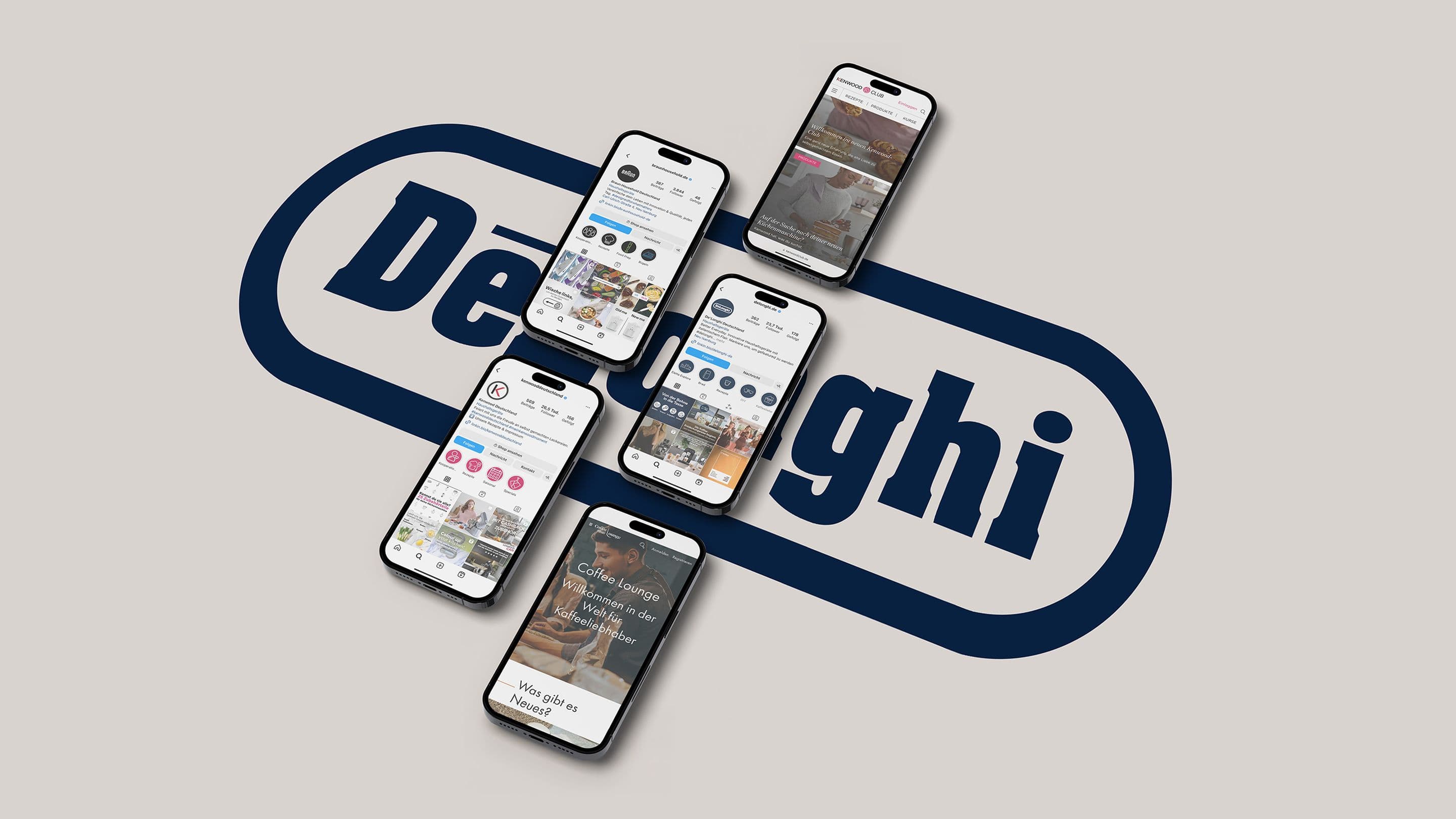 Fotocollage aus Firmenlogo von De'Longhi und fünf Smartphones, auf denen verschiedene Anwendungen aus der Markenwelt von De'Longhi abgebildet sind. Zum Beispiel Coffee Lounge und Kenwood Club sowie die Insta-Kanäle von Braun und Kenwood